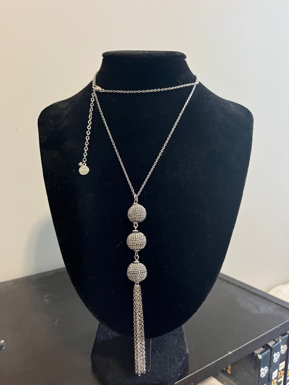 Chicos Long Silver Triple Bead Tassel Necklace